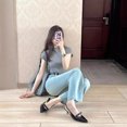 thumbnail image 3 of light blue Micro-blared Jeans High Waist Slim-fit  Summer New Stretch Slim-fit Micro-flared Trousers, 3 of 4
