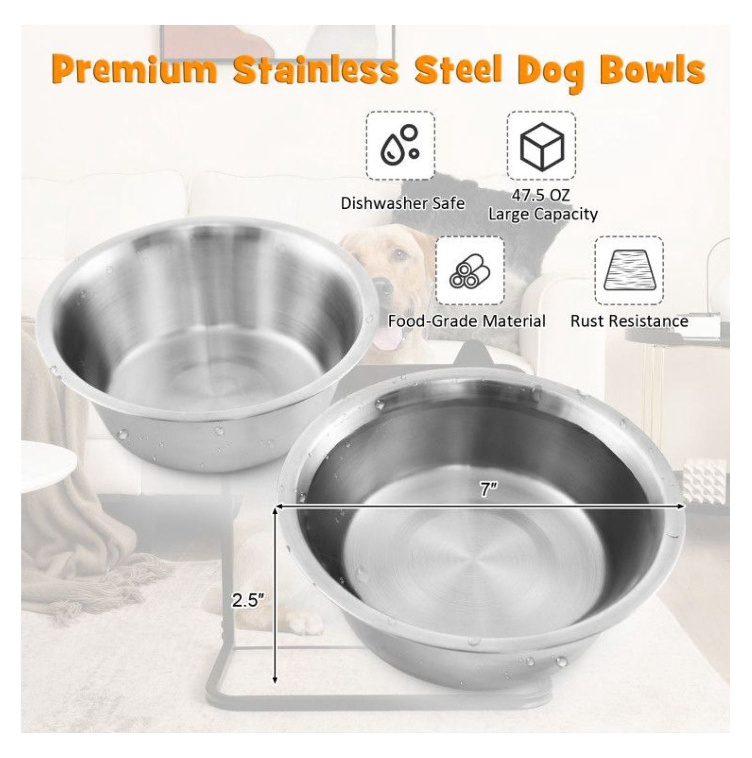 Elevated Dog Bowls with Stand - 2 Stainless Steel Bowls - Adjustable Height - Bamboo Tabletop - for Medium & Large Dogs - Pet Feeder