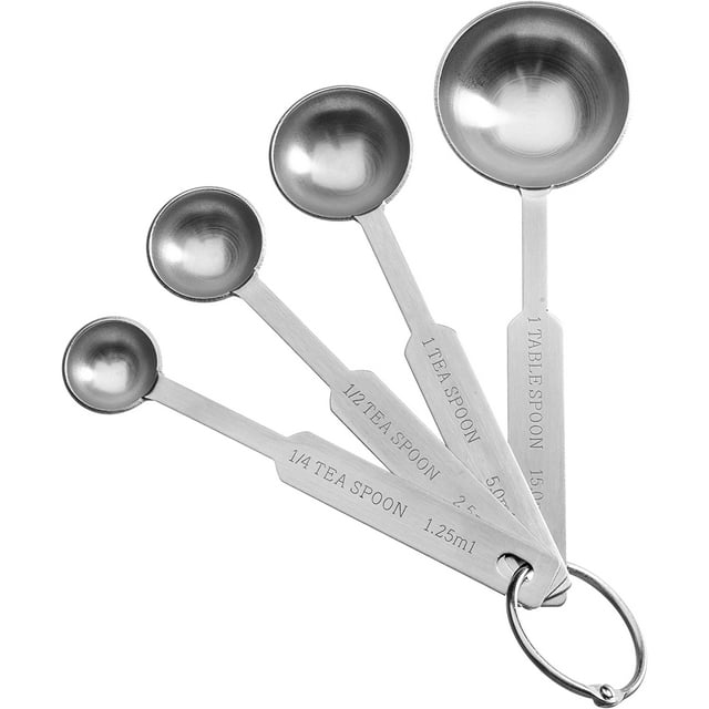 Stainless Steel Measuring Spoons - Set of 4 Premium Metal Spoons - Strong and Durable - Engraved with Metric and Imperial / US Sizes Including Tablespoon and Teaspoon