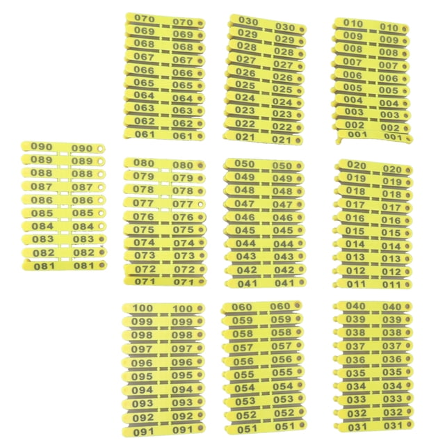 100 etiquetas de plástico para ganado con números 001-100, etiquetas integradas resistentes al color para ganado vacuno, vacas, ovejas, cerdos y cabras.