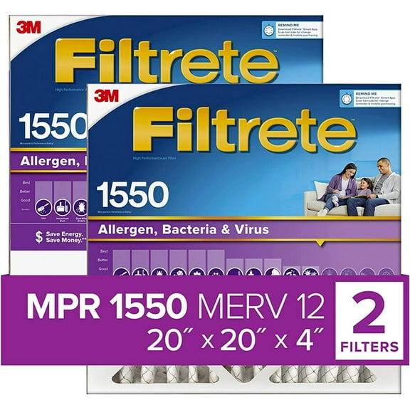 Filtrete 20x20x4, AC Furnace Air Filter, MPR 1550 DP, Healthy Living Ultra Allergen Deep Pleat, 2-Pack, Fits Lennox & Honeywell Devices exact dimensions 19.88 x 19.88 x 4.31