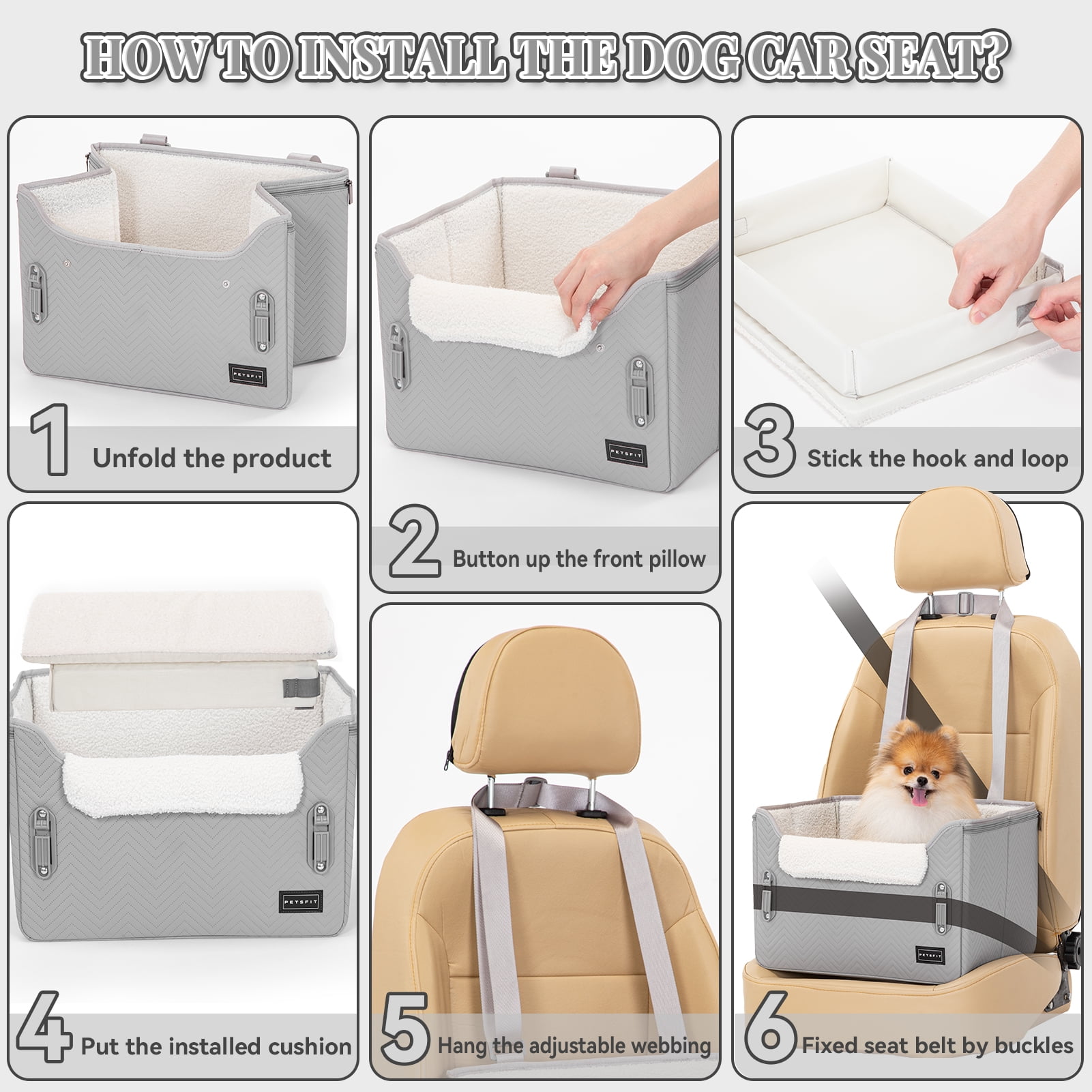 PETSFIT 16in Pet Booster Car Seat, Portable Dog Car Seats for Small Dogs with Clip-On Leash, Patent Safe Buckles,Up to 25lbs ,Light Grey