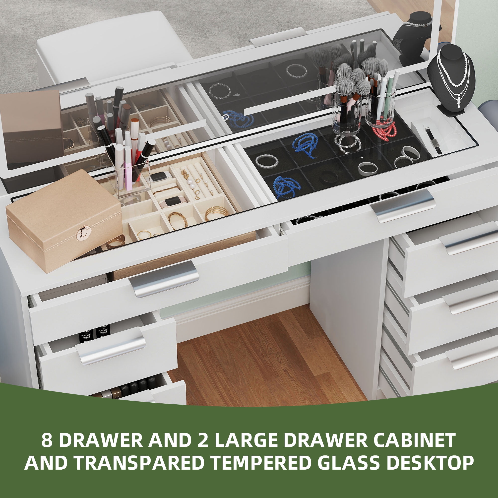Uforic 10-Drawer Set Makeup Vanity Dressers with Light and Extra-Large Mirror, Glass Top with 3 Color Modes, Storage Bench, White
