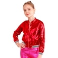 thumbnail image 4 of Yartina Kids Girls Metallic Bomber Jacket Coat Zip Up Long Sleeve Jazz Dance Crop Top Windbreaker Red 10, 4 of 9