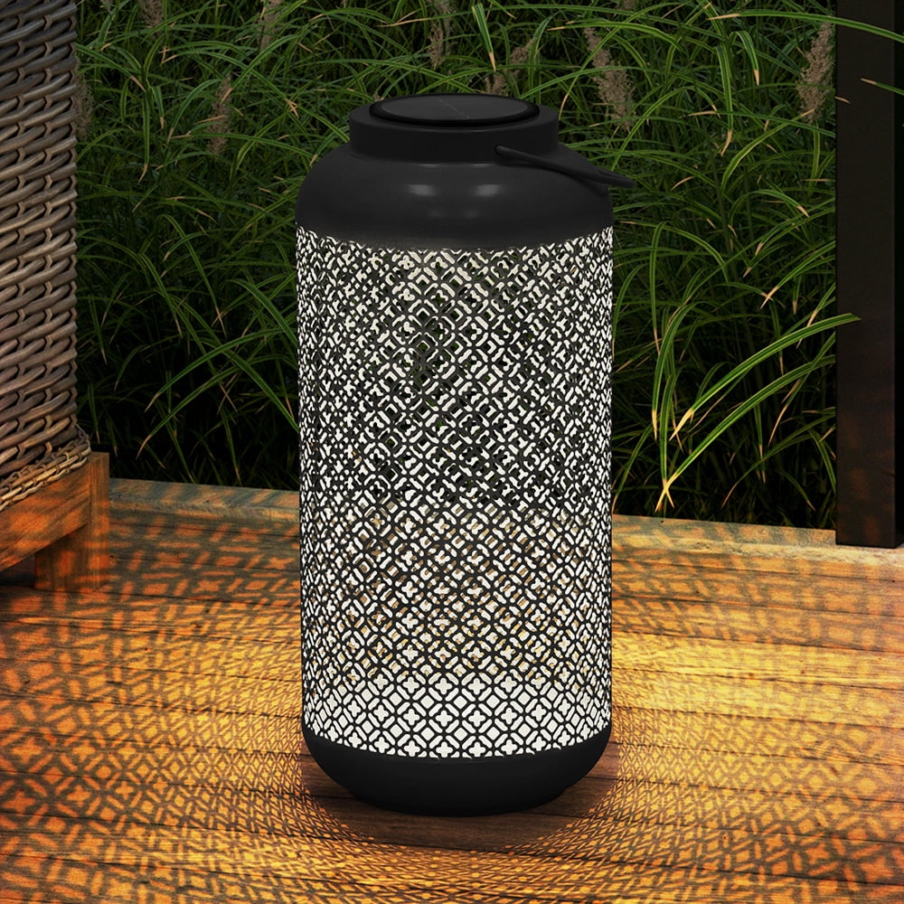 Abble Outdoor Solar Lantern Light Metal Decorative Light Patio Garden Lantern with Hollowed-Out Design Hanging Lantern - Carbon Black