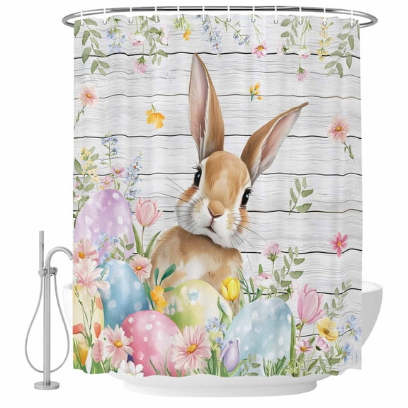 Easter Shower Curtain, Waterproof Shower Curtains for Bathroom, Rustic Spring Bunny Eggs Botanical Grey Wooden Washable Fabric Bathtub Curtain Set Bath Decor with 12 Hooks Stall 36"x72"