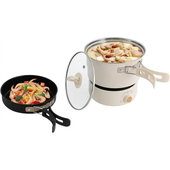 500W Portable Electric Hot Pot with Foldable Handles, Non-stick Frying Pan, Mini Hot Pot, Multi-Functional Ramen Noodle Cooker Power Adjustment, Breakfast Masker Stand for Steaks (White)