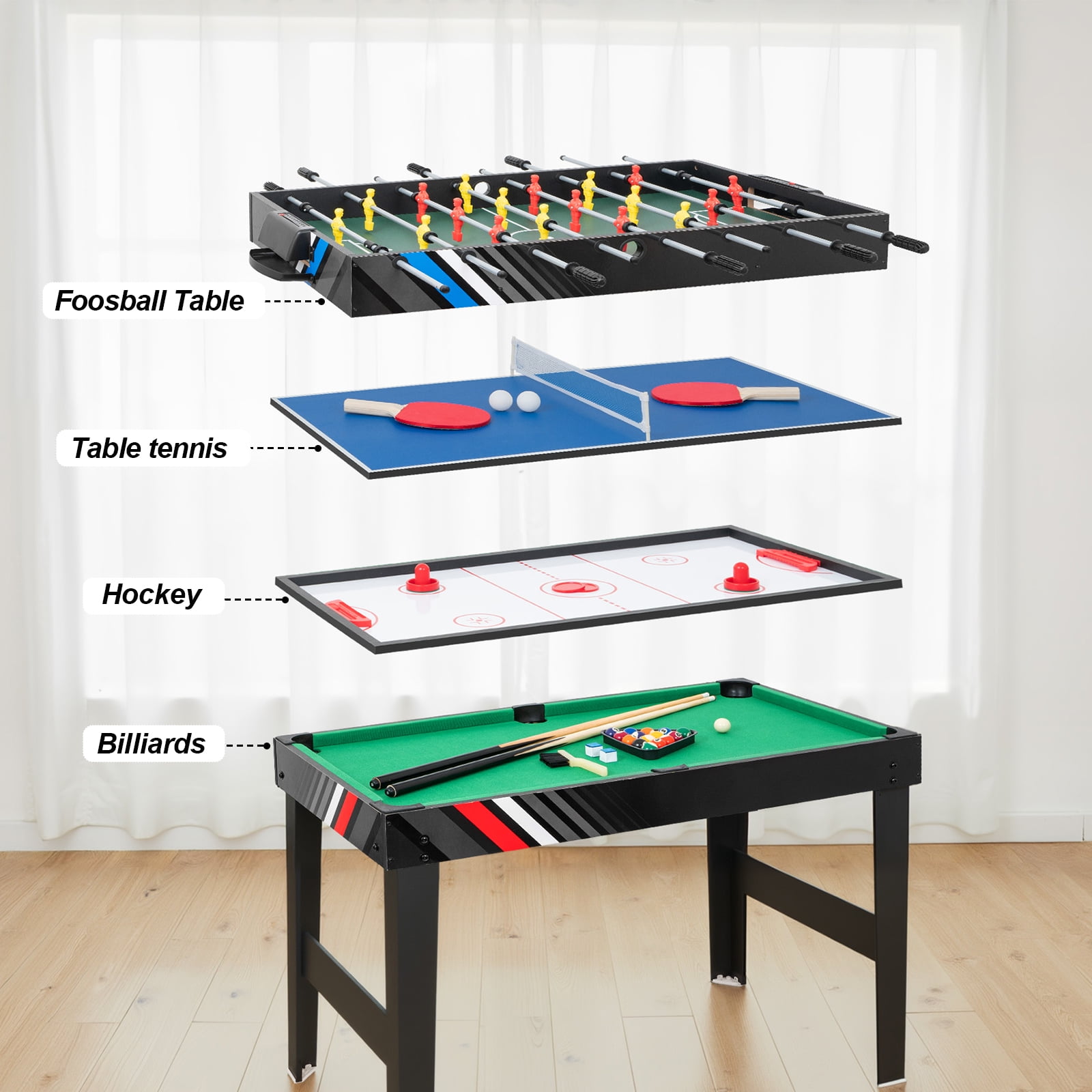 4 in 1 Multi Game Table, 49" Combo Game Table with Foosball, Pool Billiards, Air Hockey & Ping Pong with Accessories for Kids Adults, Game Table Set for Game Room, Indoor, Outdoor, Friends & Family