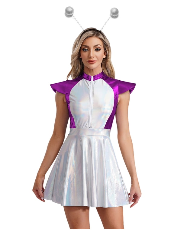 Women Metallic Shiny Rave Dress Cosplay Suit Halloween Alien Cowgirl Costume with Hair Hoop Purple XL