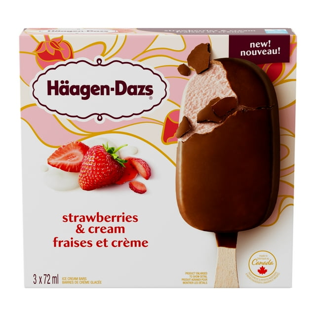 HAAGEN-DAZS Strawberries and Cream Ice Cream Bars, Coating Made with Milk Chocolate, 3 x 72 ml