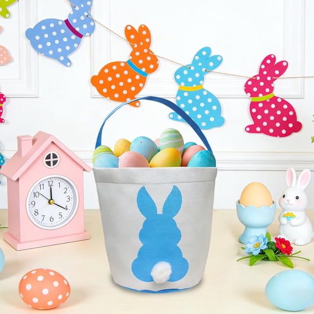 yulier Easter Bunny Basket, Canvas Rabbit Tote Bag, Easter Gift Bag, Easter Bunny Handbag Bucket with Handle for Easter Eggs, Candy, Gift, Easter Decorations (Blue)