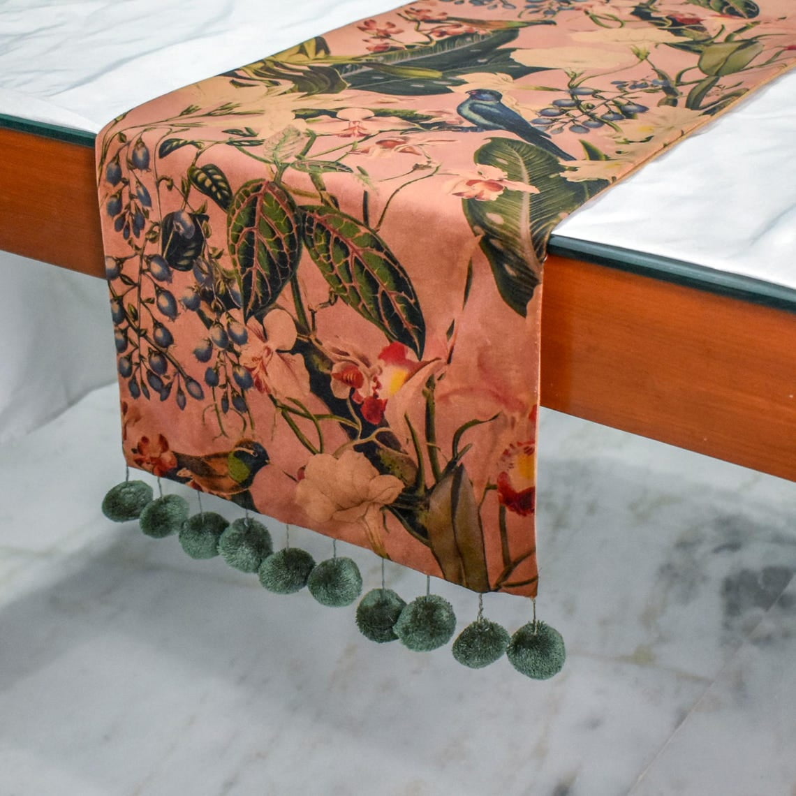 Rust Decorative 8 Seater Table Runner (16 x 108 inch) | Modern Velvet Floral Table Linen | Fall Hosting Pom Poms, Bird Table Runner for Party, Dining Table Décor - Fauna Flow