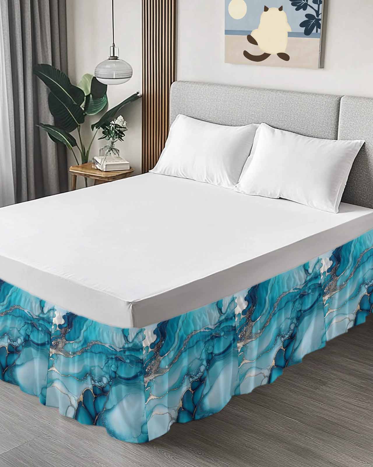 Turquoise Marble Bed Skirt California King Size 18" Drop Abstract Marble Ruffled Wrap Around Bed Skirts Adjustable Elastic Bedskirt Dust Ruffle for California King Size Bed