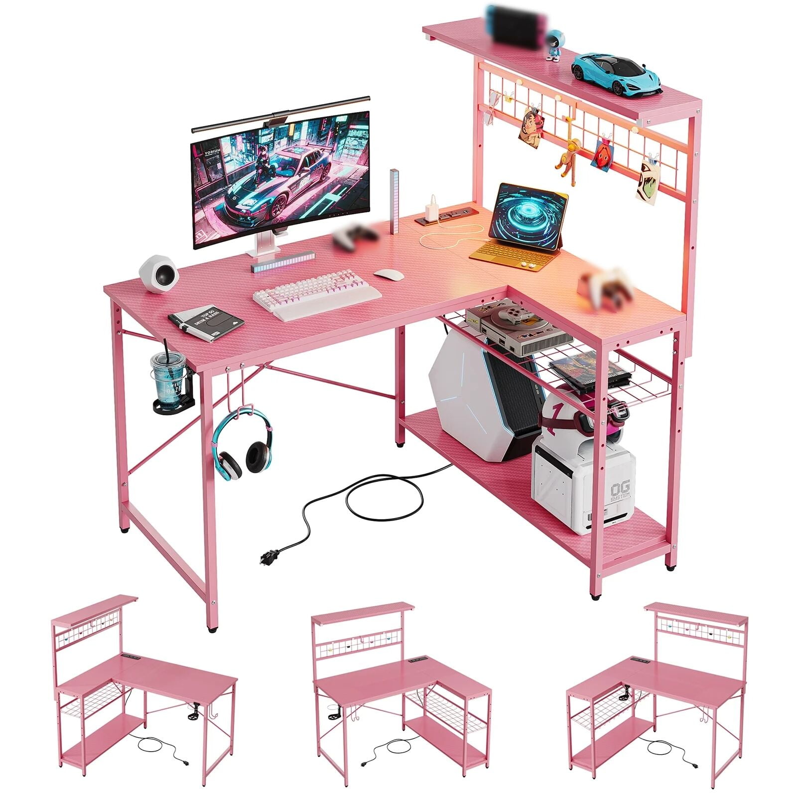 Bestier 42 inch L Shaped Gaming Desk with LED Lights & Power Outlet, Reversible Corner Computer Desk with Hutch & Storage Shelves for Home Office, Pink