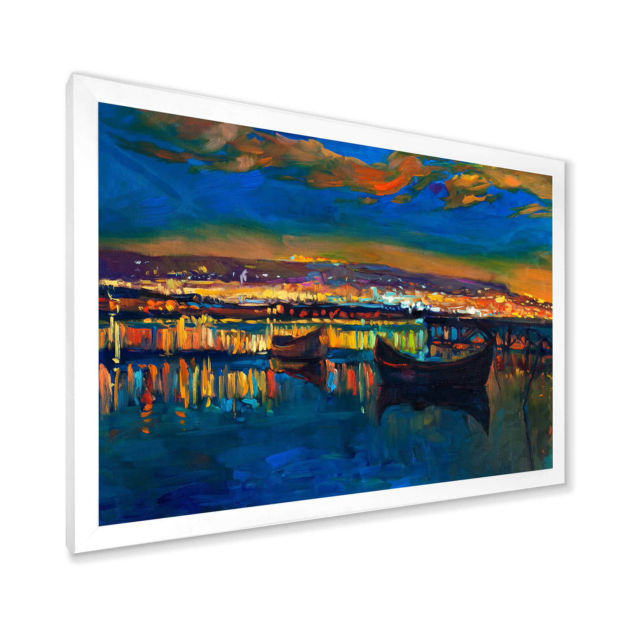 Designart 'Two Little Boats In The VIllage Harbor Ar Night' Nautical & Coastal Framed Art Print