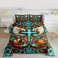 thumbnail image 2 of Manfei Hippie Cowgirl Boot Full Size Comforter Sets for Boys Kids, Brown Cyan Vintage Western Cross Bedding Comforter Set, Reversibles, 3 Pieces, 2 of 8