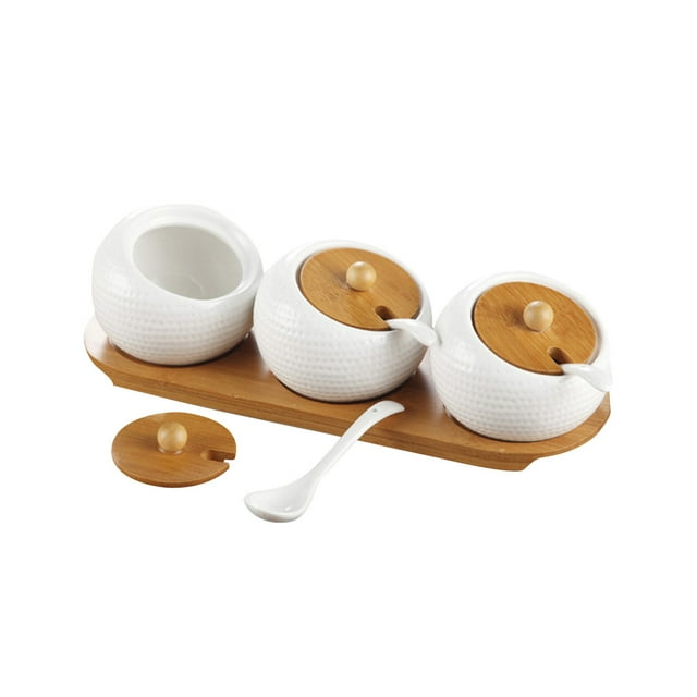 Ceramic Spice Jars Set Porcelain Condiment Container with Bamboo Lids and Wooden Tray for Home Kitchen