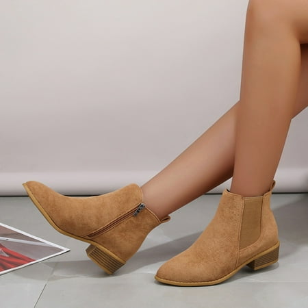 

UIX Ladies Fashion Solid Color Suede Pointed Side Zipper Thick Heel Short Boots