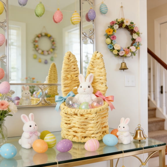 Deeceymbur 5 Inch Hand Woven Easter Basket with Rabbit Ears Multicolor Mini Storage Container for Desktop Gifts Home Organization