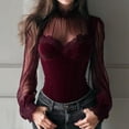 thumbnail image 2 of Women's Corset Velvet Turtleneck Lace Long Sleeve Ruffle Slim Fit Vintage Casual Elegant Corset - Mesh Sheer Crew Neck Shirts Sexy Spring Going Out Blouse Wine M, 2 of 5