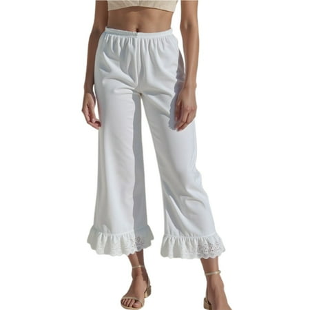 Gyexs Women Sheer Mesh Lace Trim Capri Long Bloomers Cute Ruffle Hem Cropped Pajama Pants Y2K Casual Pettipants Bottoms White