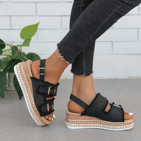 

SHZHRUKUNSHM Comfortable Women‘s Denim Wedge Heeled Sandals with Casual Open Toe Design and Platform for Added Style - Featuring a Convenient Buckle Strap for Secure Fit
