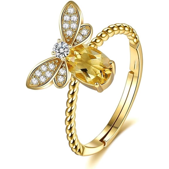 Cute Bee Ring for Women Cubic Zirconia Honeybee Open Statement Rings Engagement Eternity Promise Ring Adjustable Band 14K Gold Plated