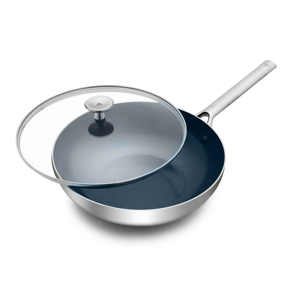 Blue Diamond Stainless Steel 11"" Wok Pan with Glass Lid Induction Compatible Diamond Infused PFAS-Free Ceramic Nonstick Multi Clad Chefs Pan Dishwasher Safe Oven Safe Stay Cool Handle Silver