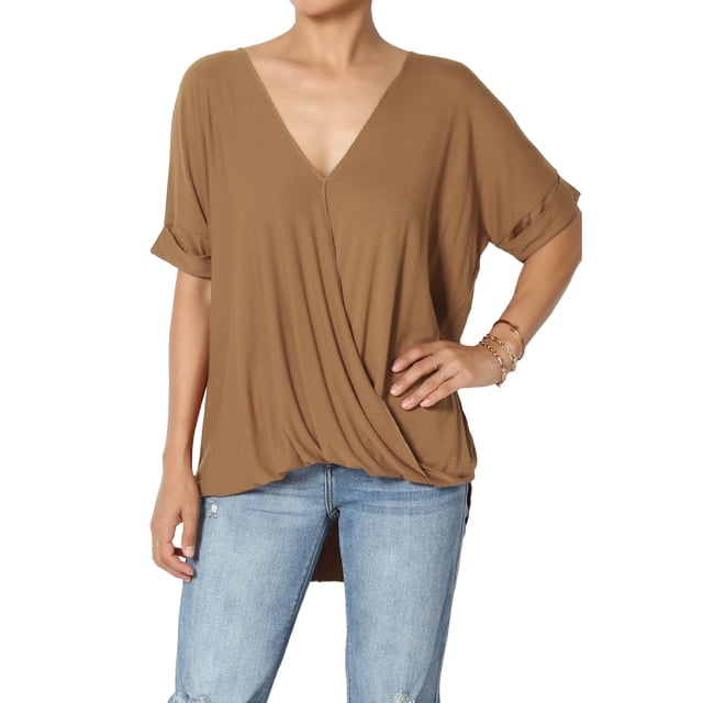 TheMoogan Haut en Tricot Crêpe pour Femme, Décontracté, Léger, à Manches Courtes, Portefeuille, Col en V, Asymétrique