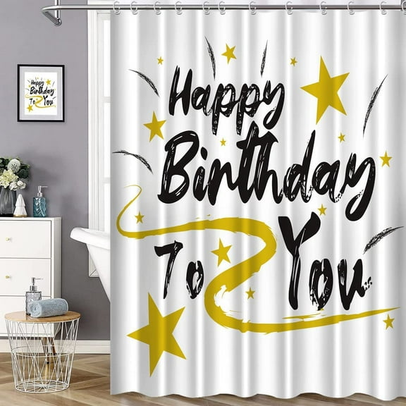 Black Happy Birthday Shower Curtain Gold Yellow Stars Bath Curtain White Fabric Birthday Bathroom Shower Curtain