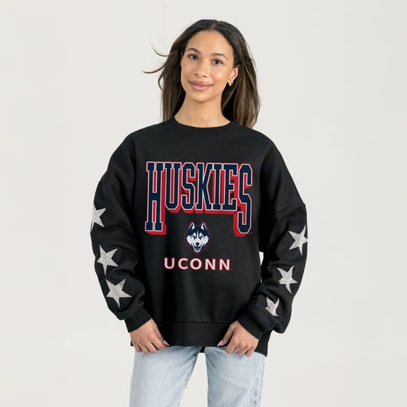 Women's Gameday Couture Black UConn Huskies Pure Victory Relaxed Rhinestone Pullover Sweatshirt