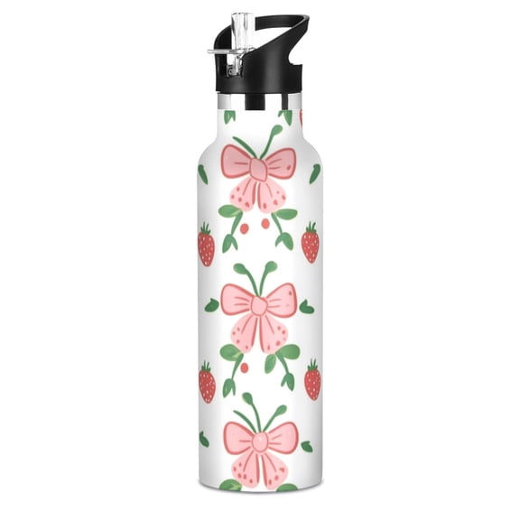 Kids Insulated Stainless Steel Sports Water Bottle 600ml (20oz) Strawberry Bow Pattern