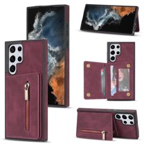 Dteck Case for Samsung Galaxy S22 Ultra, Zipper Card Holder for Women Wallet Case for Girls Cute Folio Flip Cute Slim Leather Wallet Back Magnetic Closure Phone Cases, Winered