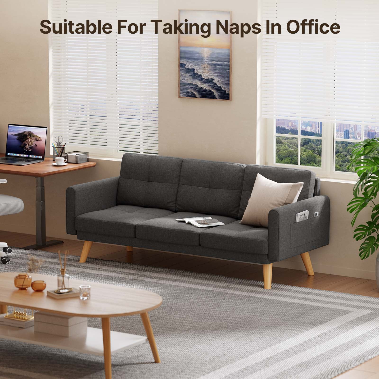 Lofka 68" Sofa and Couch with Side Storage Pocket and 4" Thick Cushions for Living Room, Dark Gray Modern Home Furniture