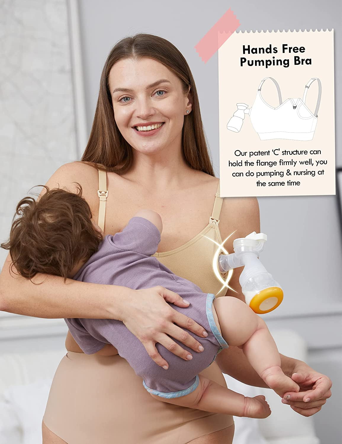 HOFISH Women's Seamless Hands Free Pumping Bra Support Maternity & Nursing  Bras Full Bust Breastfeeding Bras Pregnancy Postpartum Must-Have BlackBeige  Medium 