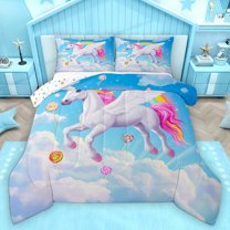 Homewish Kids Children Kawaii Unicorn Bedding Comforter Set 2pcs,Cartoon Animal Twin Comforter Sets Microfiber,Cute Rainbow Breathable Bedding Set,Super Cozy Room Decor,Reversible