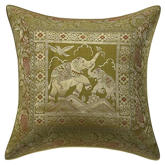 Stylo Culture Ethnic Couch Throw Pillow Cover 16 x 16 Jacquard Olive Green Traditional 40x40 cm Home Decor Brocade Elephant Zippered Square Cushion Cover | 1 Pc