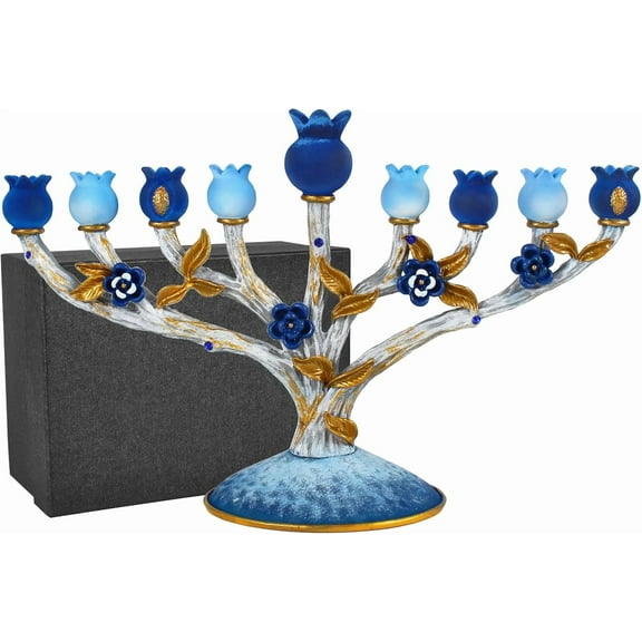 Zion Judaica Pomegranates Tree Hanukkah Menorah Multi Blue & Gold Accents Hanukkiah Zinc Alloy Branch Design Fits Standard 0.38" Hanukkah Candles Gift Boxed