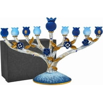 Zion Judaica Pomegranates Tree Hanukkah Menorah Multi Blue & Gold Accents Hanukkiah Zinc Alloy Branch Design Fits Standard 0.38" Hanukkah Candles Gift Boxed
