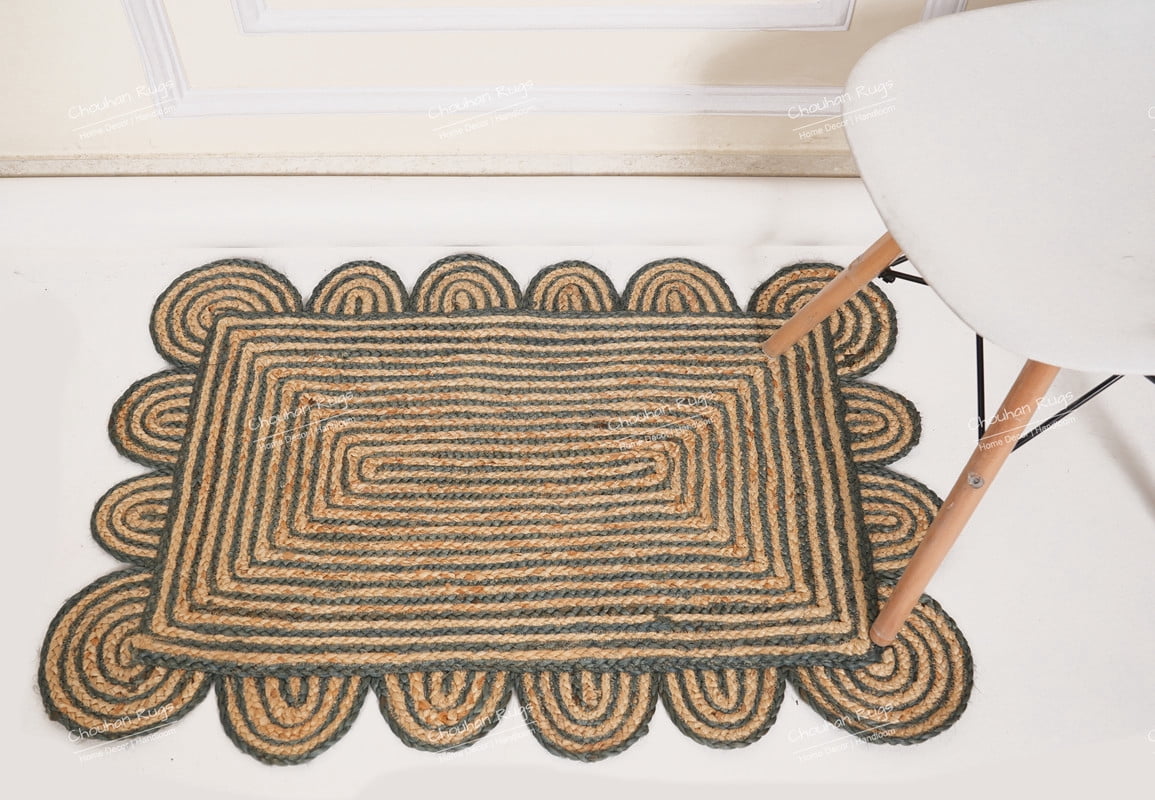 Hand Braided Beige and Grey Color Scalloped Area Rug Rectangle Rug Natural Jute Rug