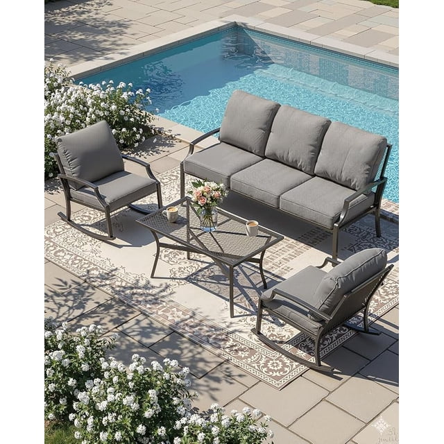 YODOLLA 4-Piece Patio Furniture Set with Rocking Chairs, Metal Conversation Set with Coffee Table, Dark Gray