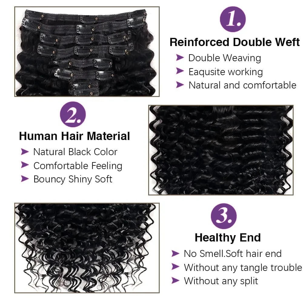 Clip in Hair Extensions with 18 Clips Deep Wave Real Human Hair Curly Thick to Ends Natural Black