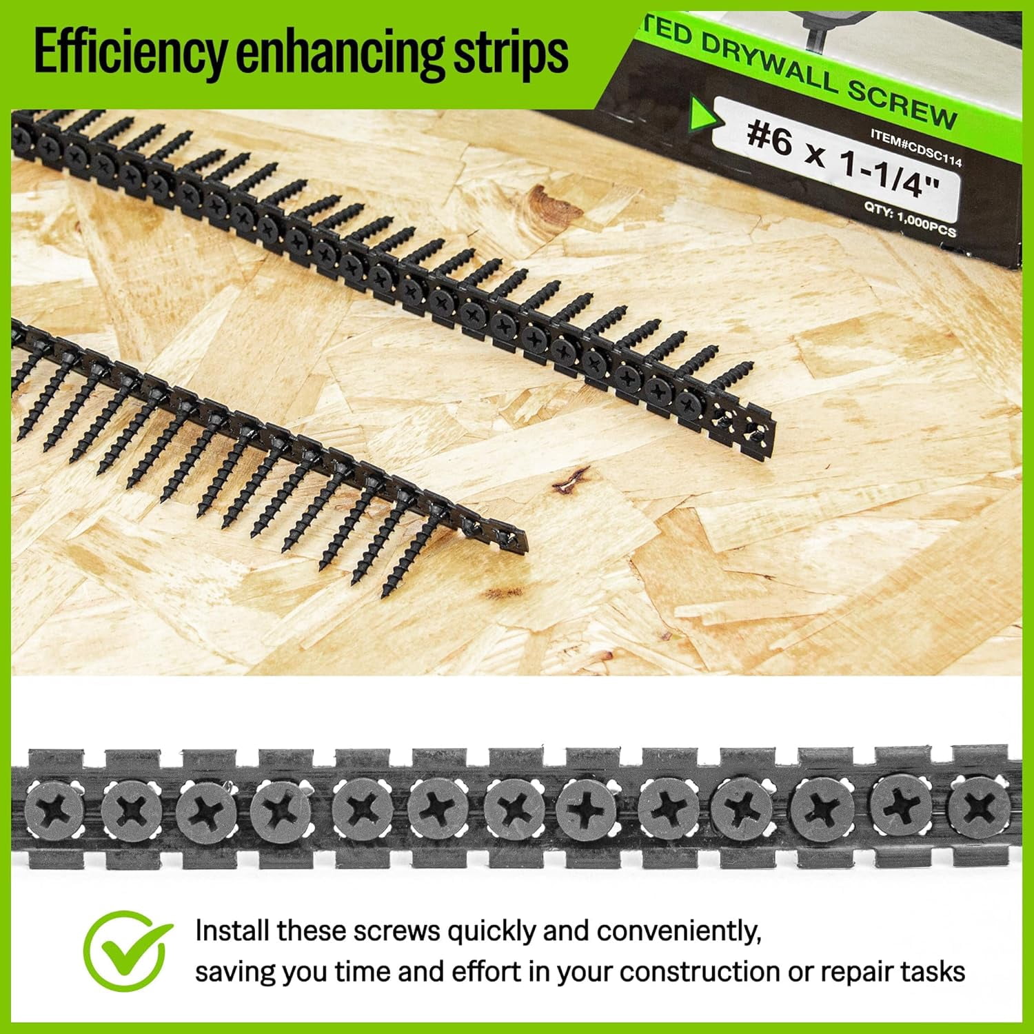 MEITE Collated Drywall Screws, 1-1/4 Inch Coarse Thread Wood Screws, 1,000 Count