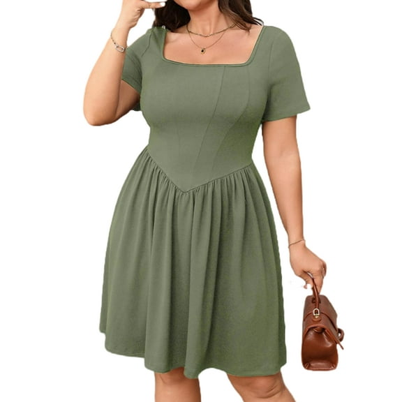 Musefolio Womens Plus Size A-Line Dress Casual Summer Square Neck Mid-Length Dress 1X-4X