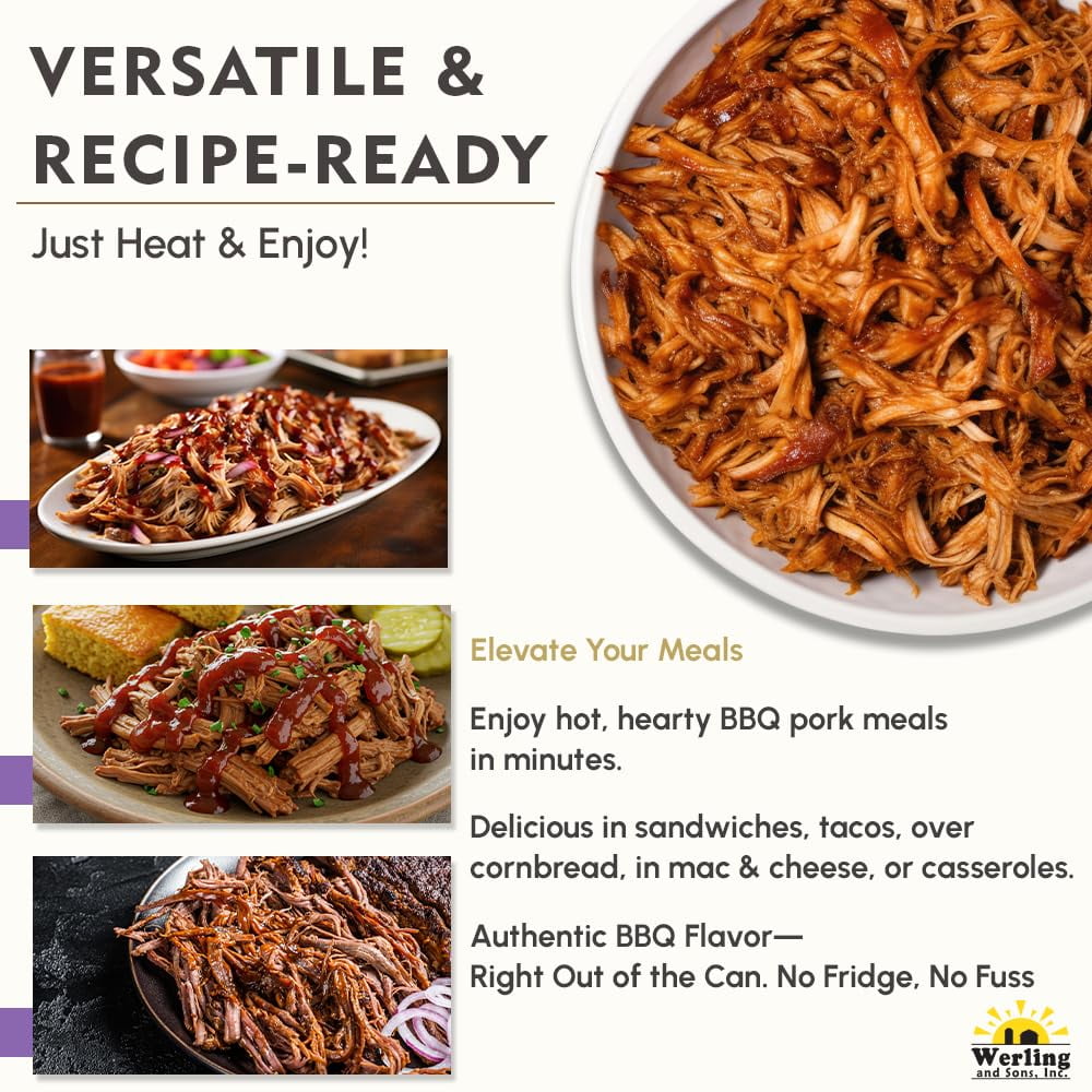(Pack of 6) Grandma Werling’s Shredded Seasoned Pork with BBQ Sauce 14.5 Oz Fully Cooked Heat & Serve Premium Canned Meat Shelf Stable for Emergency Food Storage, Survival & Quick Meals Canned Food