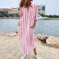 thumbnail image 2 of Eawtki Women's Lapel Collar Three Quarter Roll Sleeve Maxi Striped Linen Shirt Dress Half Front Zip Placket Side Patch Pockets Loose Vacation Cover Up Dress, 2 of 7