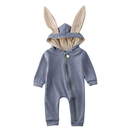 

Inevnen Newborn Baby Boy Girl Romper Long Sleeve Hoodie Rabbit Ear Zipper Jumpsuit Winter Clothes