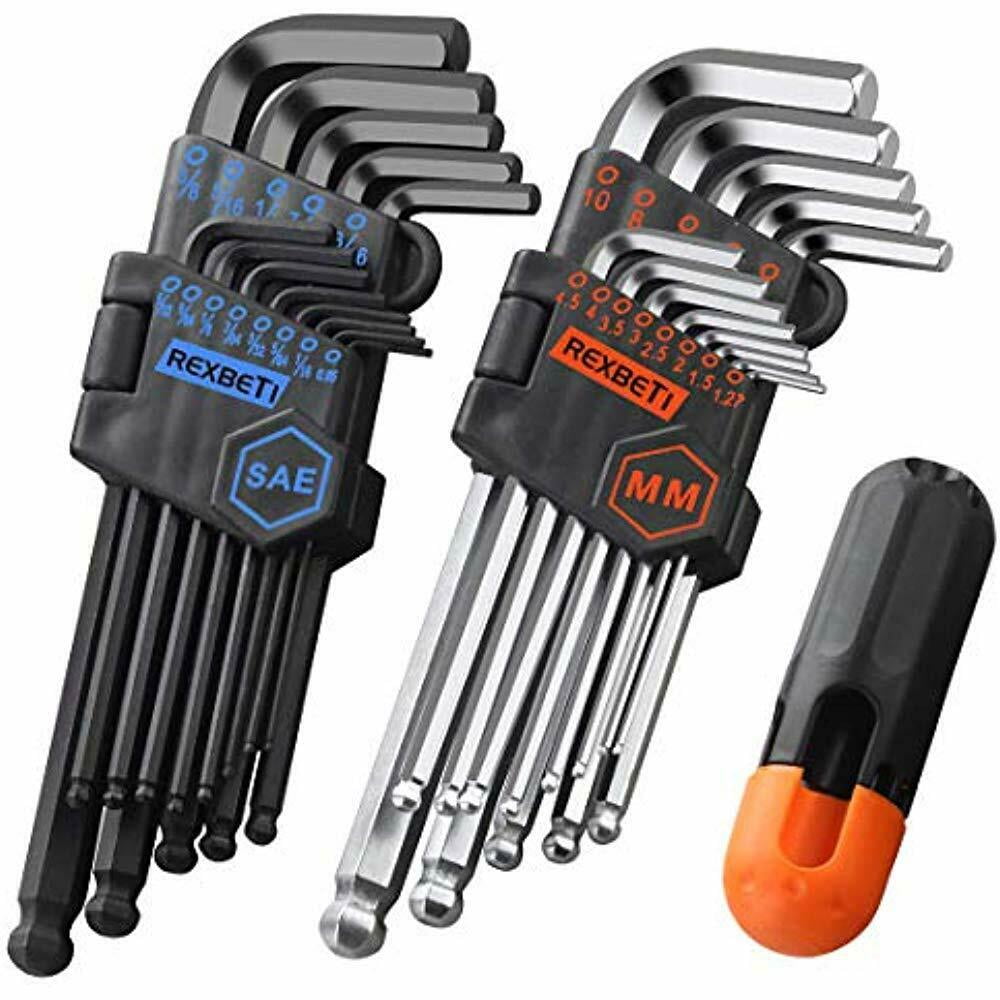 REXBETI Hex Key Allen Wrench Set SAE Metric Long Arm Ball End Tools 