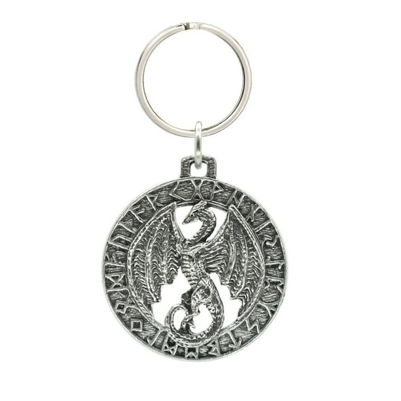 Dragon Flying In Runes Keychain, G009KC, 1 3/4 inch, Pewter, Key Fob, Key Ring, Keys, Zipper Pull, Luggage Tag, Backpack, Over Celtic Runes Fantasy Medieval Designs, Handmade in the USA, 100% American