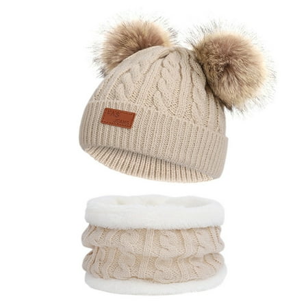 

Kids Toddler Boys Girls Beanie Cap Scarf Set Winter Warm Pom Knit Hat + Fleece Lined Circle Scarf 2Pcs Set